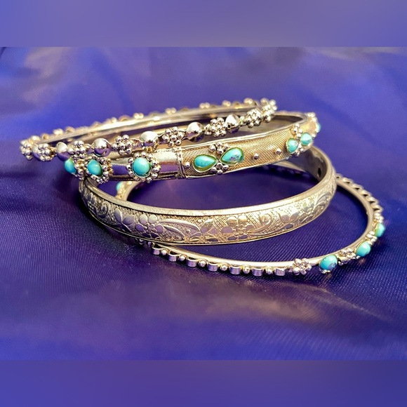 Silver Bangles w/ Turquoise Stones - Picture 2 of 4